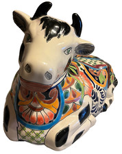 LARGE MEXICAN TALAVERA HAND-PAINTED POTTERY FIGURAL COW COIN BANK ~ 9 1/2
