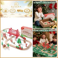 Wooden Train Set 50 Pcs Christmas Holiday Santa Claus Reindeer Snowman Hardwood picture