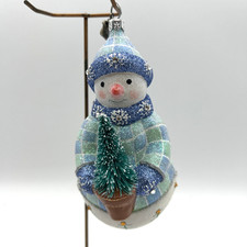 Reed & Barton European Glass Snowman Ornament Swarovski Crystals Plaid Blue Hat picture