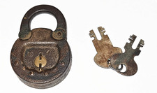 Antique Vintage Riveted Iron Round Padlock w/ 2 Original Keys – Heavy Patina picture