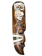 Tribal Hanging Wall Art Hand Carved Hand Painted Long Wooden Owl Moon picture