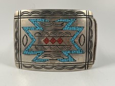 SILVER TONE INLAID TURQUOISE CORAL SOUTHWESTERN SIGNED 