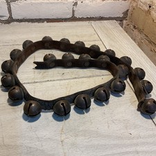 VTG/Antique 24 1” Old HORSE SLEIGH BELLS Brass Bells on Leather Strap 37.5” picture