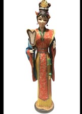 Asian Geisha Doll 24” Tall Ceremonial With Crown Earrings Flower Fan Vintage picture