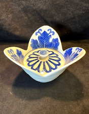 Vintage Hand Painted Blue & White Porcelain Lotus Petal Shaped Lidded Sauce Bowl picture