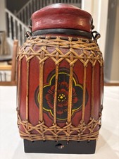 Thai faux-lacquerware bamboo and wood basket hand painted vintage picture