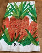 Vintage Vera 100% Linen Tea Towel Stylized Pineapples 1970s Signed Vera picture