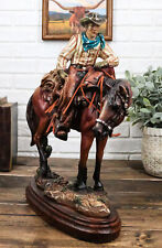 Western Desert Cowboy On Saddleback Brown Stallion Horse By Cactus Figurine picture