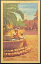 1940s Olvera Street Los Angeles CA Linen Postcard Mexican Market Scene picture