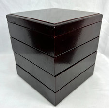 Vintage Japanese Jubako 4 Tier Lacquered Wood Stacking Box Burgundy Red with Lid picture