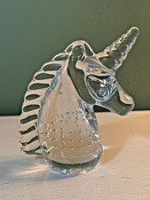 Vintage Hand Blown Clear Glass Unicorn Paperweight Figurine Controlled Bubbles picture