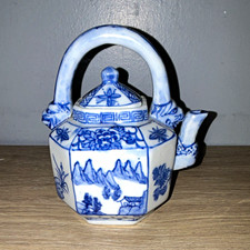 Vintage Chinese Blue & White Octagonal Porcelain Teapot Overhead Handle picture
