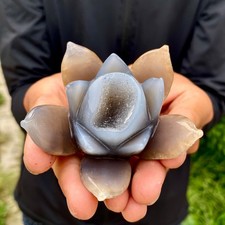 189G Natural Agate Geode Carved Lotus Flower, Hand Carved Healing Crystal Home picture