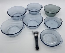 Vintage Pyrex Early Flameware Lot Of 8 Pieces With Handle Blue Tint Glass picture