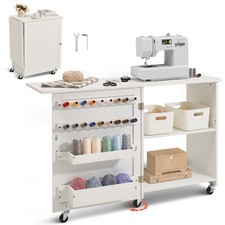 Uimoso Folding Sewing Table with Lockable Wheels Storage Shelves Trays Door picture