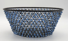 See-Through Blue Beaded Metal Wire Round Trinket Basket Decor Flat Bottom 9 Inch picture