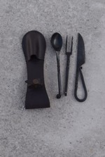 Viking Fork Knife and Spoon Medieval Feasting Utensil Set 3Pcs Steel Hand Forged picture