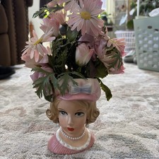 Relpo 2012 Lady Head Vase Blonde Teen in Pink with Mod Hat & Pearls Open Eyes picture