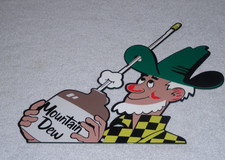 VINTAGE MOUNTAIN DEW HILLBILLY SHOOTS HOLE IN HAT W/ JUG METAL SODA GAS OIL SIGN picture