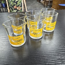 Vtg Log Cabin Wigwam Syrup Advertising Glass Cup Yellow Pour Spout Set of 6 picture