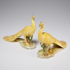 Vintage Italian Majolica Yellow Blue Peacock Figurine Pair 6.5