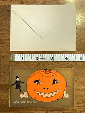 Rust Craft Vintage Halloween Party Invitation Card w Envelope Pumpkin Design-elf picture