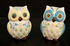 HAND-PAINTED PORCELAIN OWL SALT AND PEPPER SHAKERS. VIBRANT COLORS picture