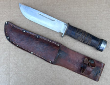 Vintage Cattaraugus 225Q Fixed Blade Leather Handle Knife & Sheath WWII Miltiary picture