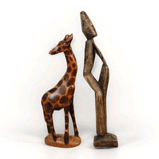 Lot Of 2 Vintage African Hand Carved Wooden Statues Primitive Folk Art picture
