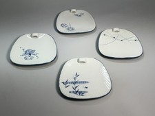 Vintage Japanese Fan Shaped Sushi Plates Set of 4 Blue & White 1981 picture
