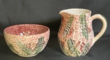 Signed Marked Studio Art Pottery Abstract Spatter Carved Sugar Bowl Creamer Set picture