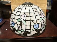 VTG Large Tiffany Style Stained Glass Lamp Shade Pink&Blue Roses picture