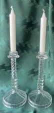 Clear Pair of Twisted Fluted Glass Candlesticks 9.25” Tall x 4.25” Vtg picture