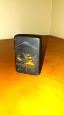 VINTAGE AMITA Lighter BLACK 24K GOLD Engraving Amita Damascene Mt. FUJI PAGODA picture