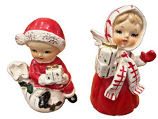2 Vintage 1950s Ucagco  Christmas  Girls bearing gifts /4.5 inches tall/Japan picture