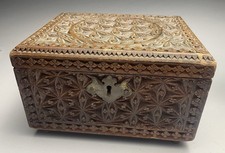 Antique Chip Carved Box With Brass Handles & Feet picture