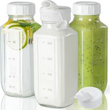 3 Pack 16 Oz Glass Juice Bottles with Lids & 2 Pour Spouts | Clear Reusable picture