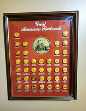 Framed Great American Railroads  Button Pin Display  24k Gold Plated picture