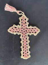 Vintage Handmade Pink White Crochet Cross Crucifix Bible Bookmark Christian picture