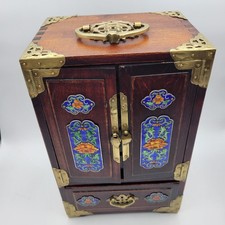 Chinese Jewelry Box Wood Brass Enamel Ornate Green Silk Lined Large Vintage picture