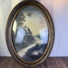 Antique Oval Ornate Bubble Glass Convex Large Picture Frame Landscape Scene picture