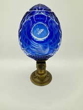 VTG FABERGE BLUE CUT TO CLEAR EGG ON STAND SWAN LAKE 7