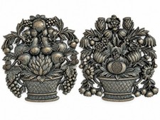 Pair Vtg 1966 Syroco Fruit Flower Baskets Blue Grey Faux Wood Wall Art Retro MCM picture