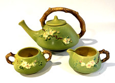 Vintage Roseville #371 Green Apple Blossom Tea Set Teapot Creamer Sugar 1949 picture