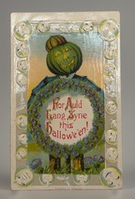 Antique HALLOWEEN GOTTSCHALK Postcard GOURD HEAD SCARECROW JOL Auld lang Syne picture