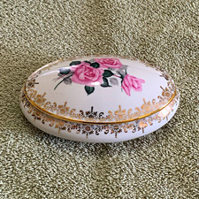 Vintage Limoges France Porcelain Trinket Box with Pink Roses Floral & Gold Trim  picture