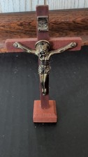 Vintage Wooden Brass Crucifix Cross Small 4.” Tabletop NO MAKERS NAME picture