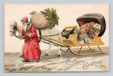 Vintage 1913 Postcard Santa Claus Sleigh Toys Horse Red Robe Christmas Embossed picture
