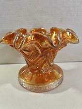 Imperial Marigold Iridescent Carnival Glass Vase Diamond Lace Hobstar Design picture