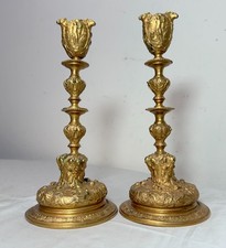 Pair antique ornate 1800's gilt bronze French figural candlestick candle holders picture